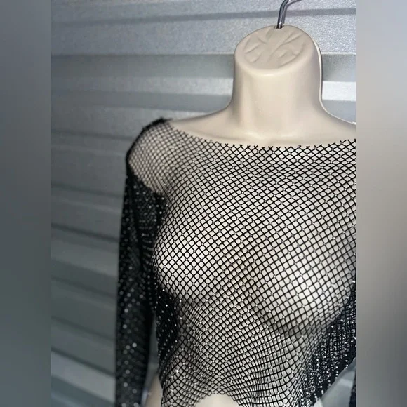 Mesh Black Sequin Long Sleeve Festival Top One Size - Picture 9 of 11
